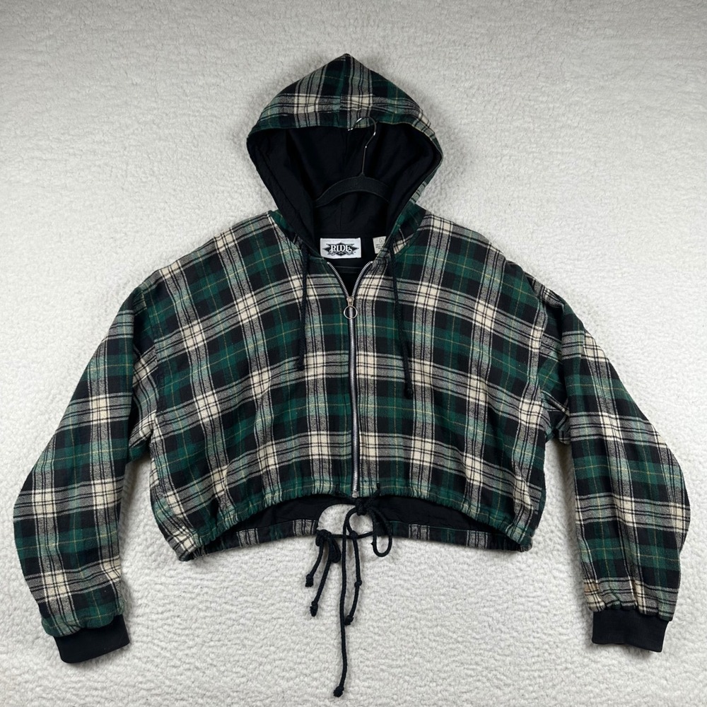 Ride Cropped Hoodie Womens Plaid Flannel Full Zip Hem L Green Black Grunge Skate